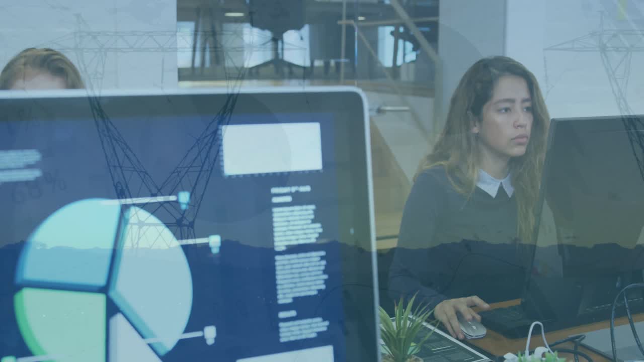 animación del procesamiento de datos estadísticos sobre mujeres biraciales usando computadora contra torres de red