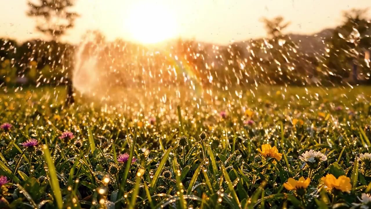 En levende hageoase med vannspredere ved solnedgang, som viser frodig grønt gress som glitrer med morgendugg og fargerike villblomster under solens milde glød