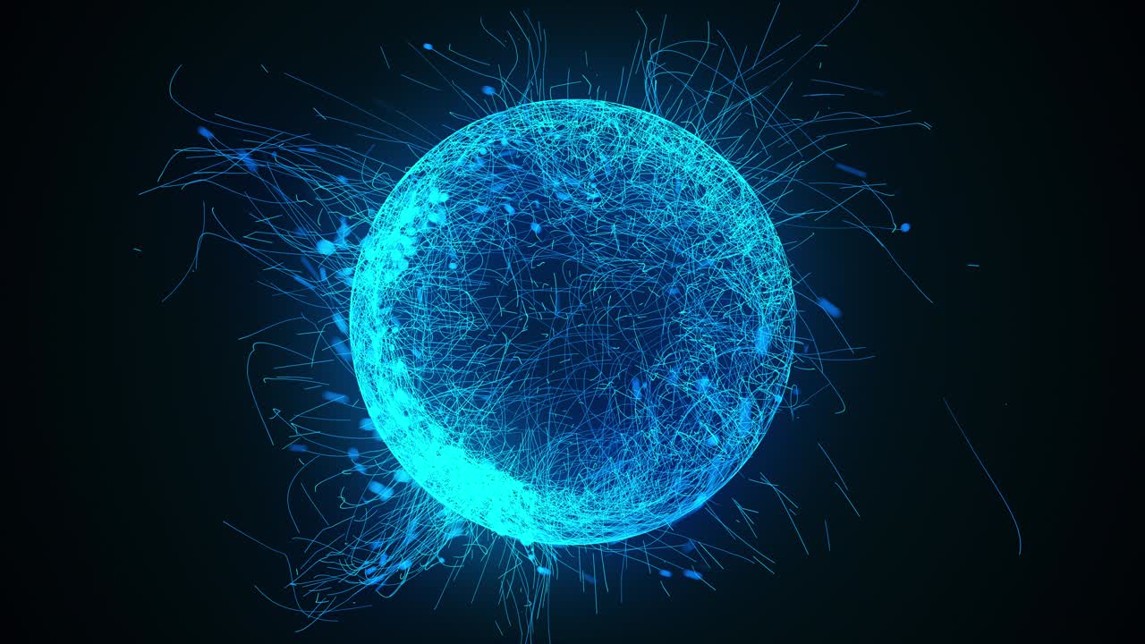 3d rendering, computer generated sphere or ball of numerous neon particles and lines on a black background