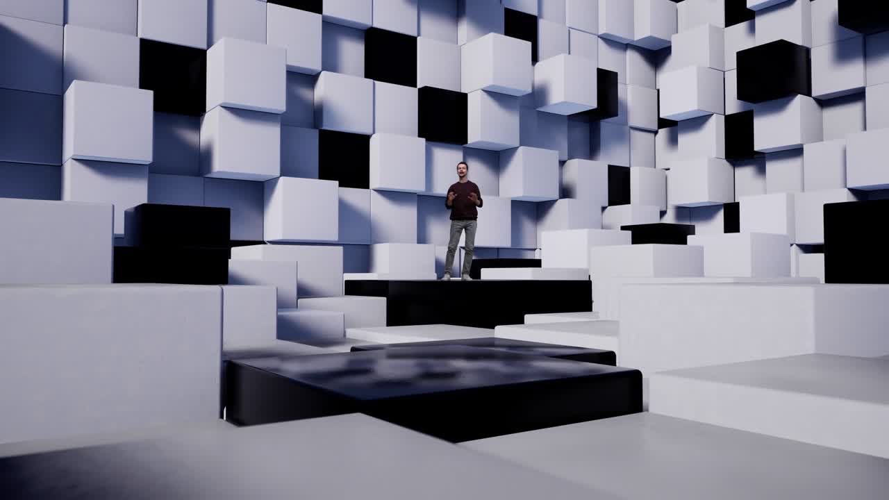 presentador de televisión en el estudio virtual de noticias con cubos blancos y negros.