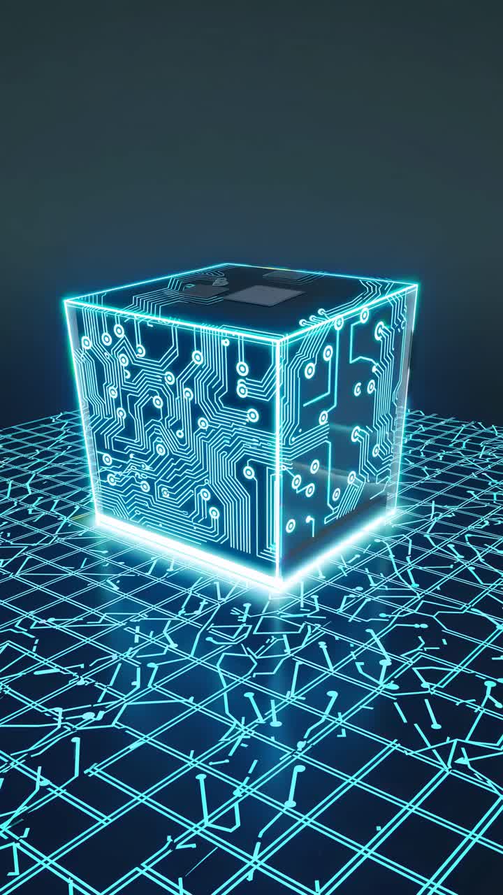 Futuristic video concept of a glowing circuit cube on a digital grid