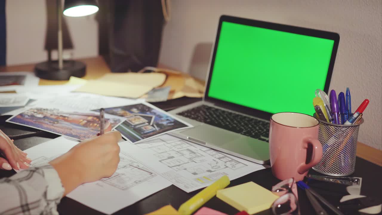 Woman Architect Working on House Plans at Desk