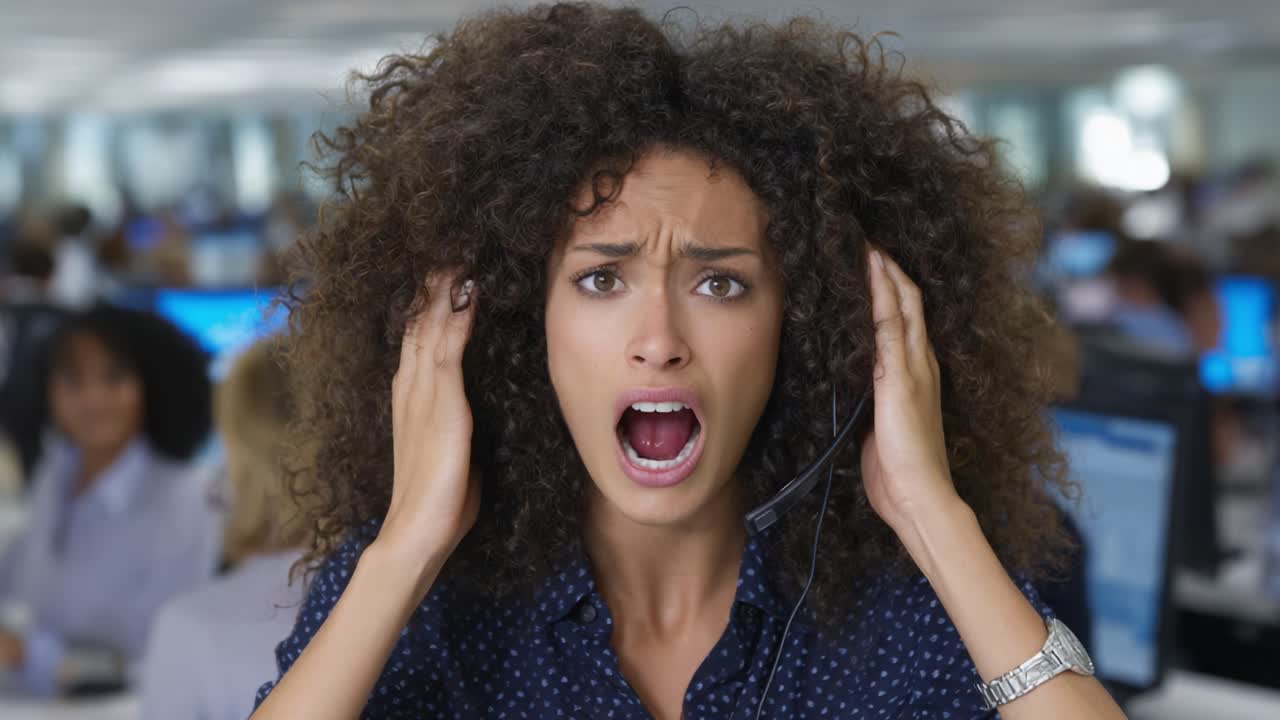 A Frustrated Call Center Worker Expression of Stress and Overwhelm with Headphones in Office Environment During High-Pressure Work Situation