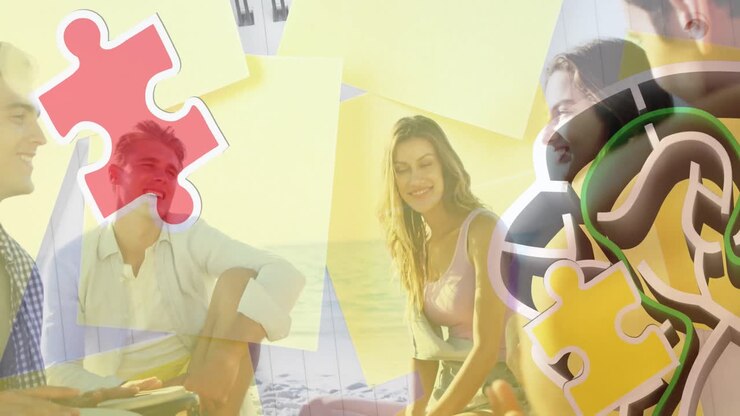 Animazione di pezzi di puzzle colorati e cervello umano su amici felici a una festa in spiaggia estiva