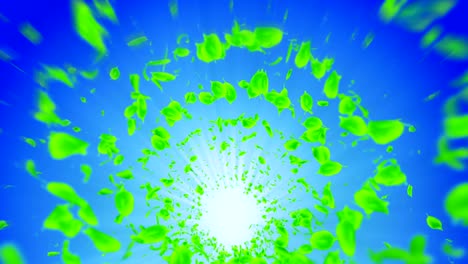 vortex from green leaves. spiral shiny particle of seasonal leaves. dancing leaf. colorful nature tunnel loop animation.