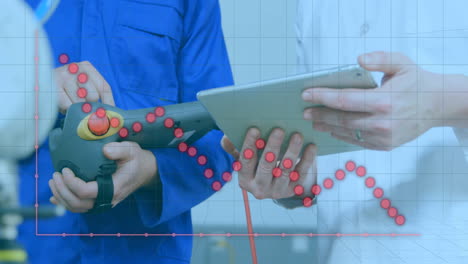 animación del procesamiento de gráficos rojos sobre trabajadores caucásicos usando tabletas en el taller de la fábrica