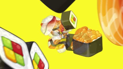 various types of sushi, including nigiri and maki, rotate and float dynamically against a vivid yellow backdrop in a seamless, looping animation