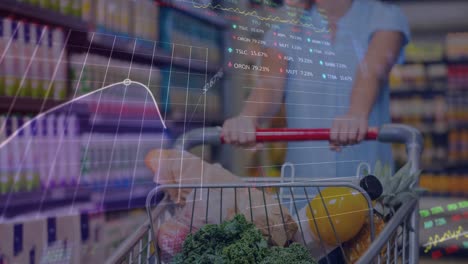 Animation-of-graphs,-trading-boards-over-midsection-of-caucasian-woman-holding-grocery-filled-cart