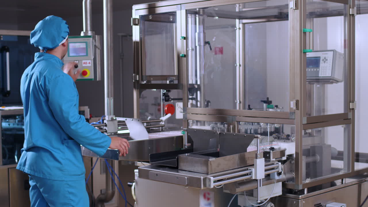 Pharmaceutical worker operate industrial equipment at pharmaceutical plant