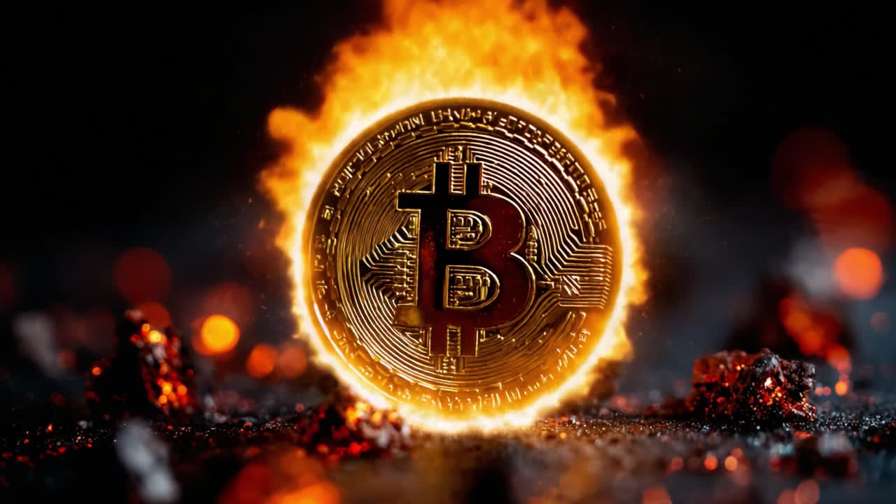 A Stunning Visual Representation of a Bitcoin Symbol Surrounded by Fiery Flames, Highlighting the Digital Currency's Brilliance and Impact in the Financial World