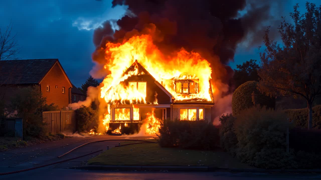 una casa in fiamme con un tubo davanti ad essa