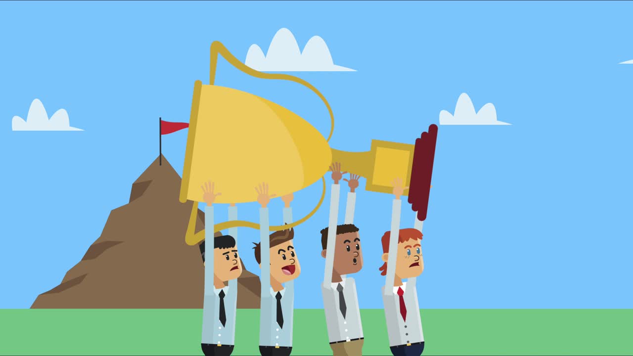 인종 간 사업가들이 성공의 산으로 트로피를 들어 올립니다.