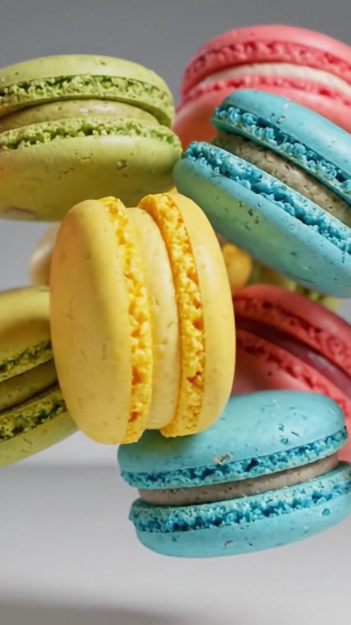Colorful Macarons in Motion: A Close-Up View of Vibrant Treats Featuring a Delicious Blend of Flavors and Textures, Showcasing Their Unique Appeal