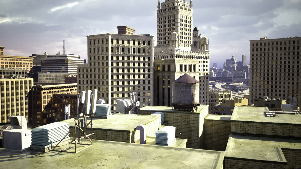 Urban skyline view from a rooftop in a bustling city at twilight