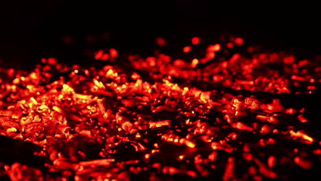 smoldering red embers scattered on the ground. smoke goes up and charcoal flashing from the wind. close up.