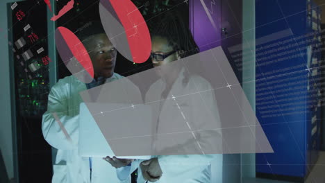 Animation of data processing and diagrams over biracial colleagues using laptop in server room