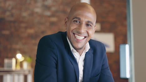 business man, face and smile at computer in office