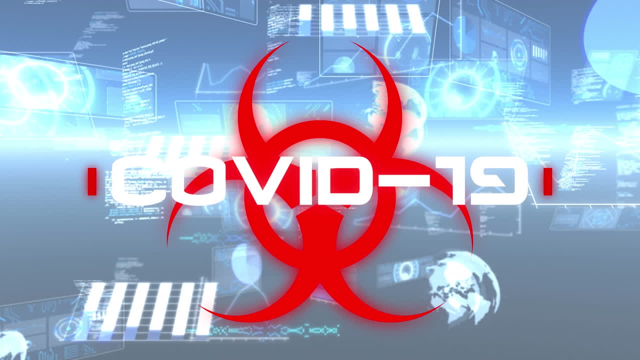 Animation of warning text covid 19, over red biohazard symbol and data processing on interface