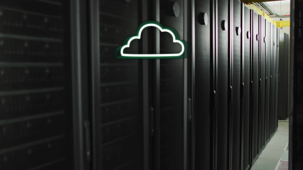 Cloud computing animation over server racks in data center