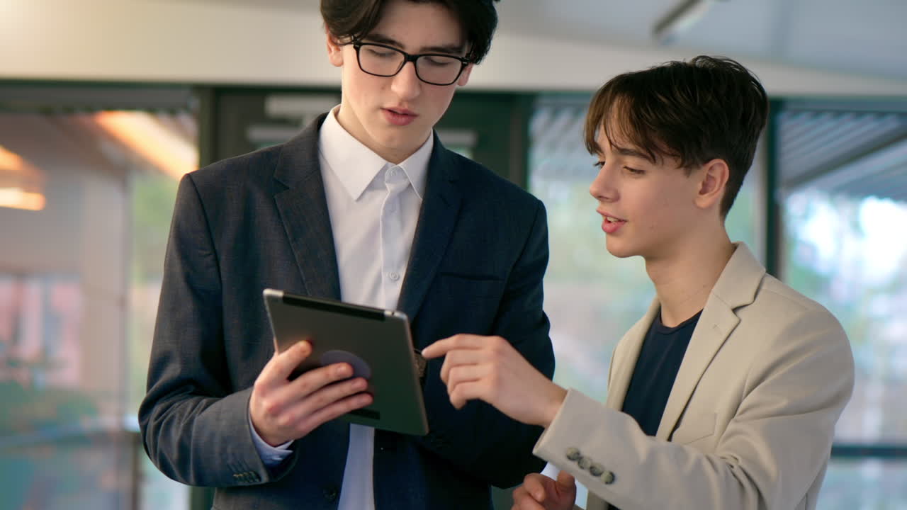 オフィスでタブレットを使ってビジネスについて話し合う2人の若い従業員