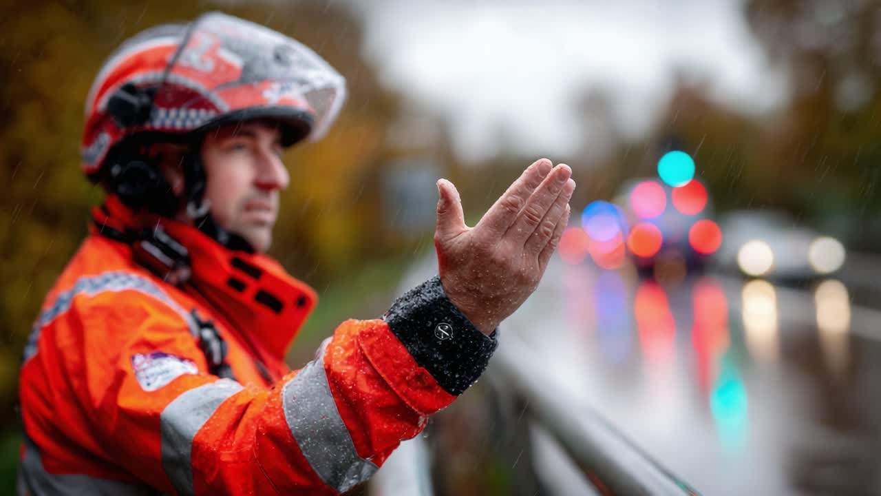 A dedicated traffic officer signals for vehicles to stop during heavy rain, ensuring safety and directing traffic effectively amidst challenging weather conditions