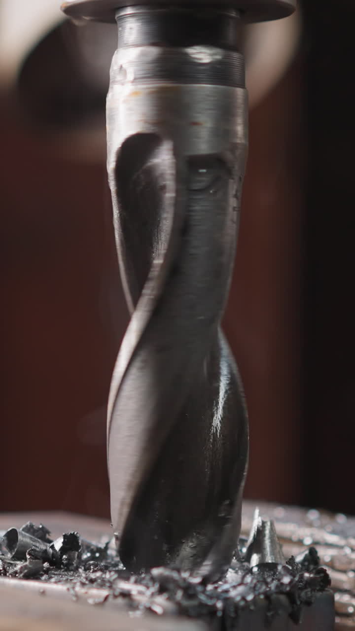 Turning lathe machine bit goes down into metal workpiece in production workshop closeup. Processing steel detail with drill in manufacturing plant