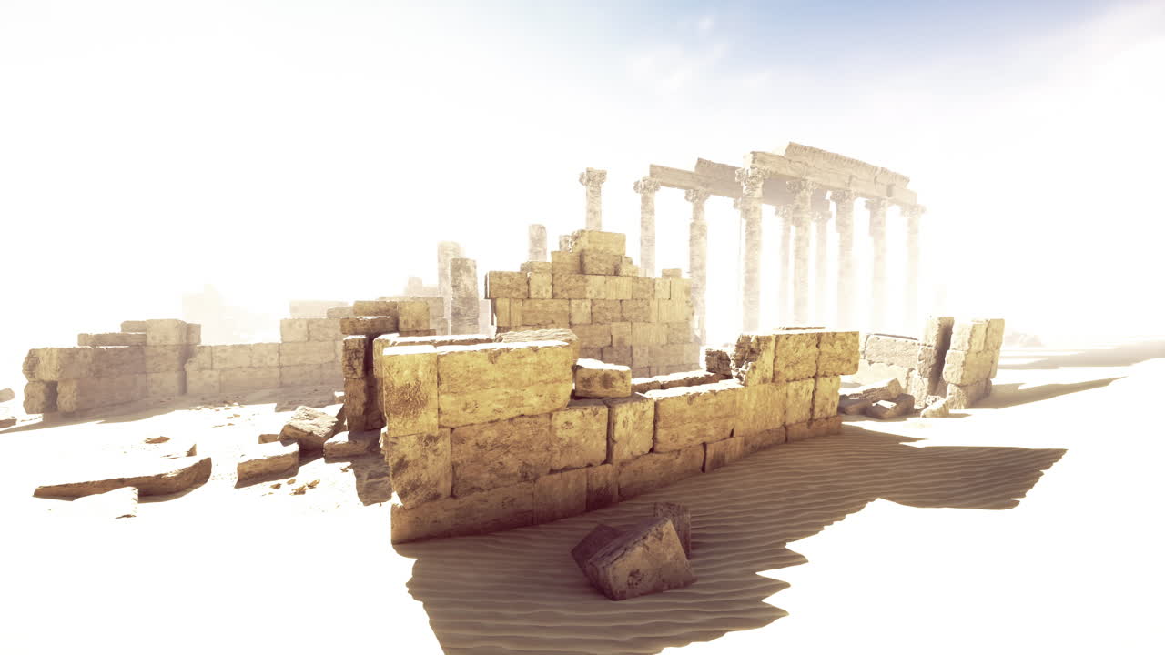 Ruins of an ancient temple amidst a sandy desert landscape at dusk
