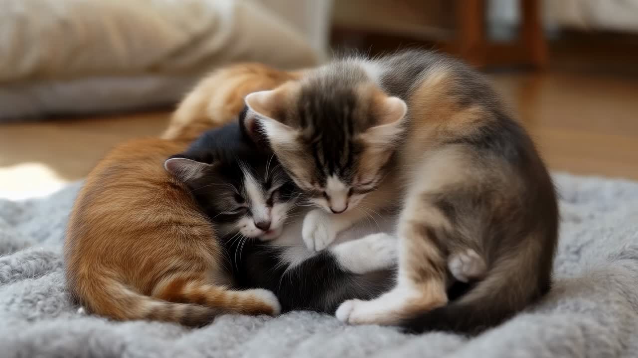 Gattino calico che si sposta, che fruga e si accoccola con un fratello in smoking su una morbida coperta grigia, per toelettatura