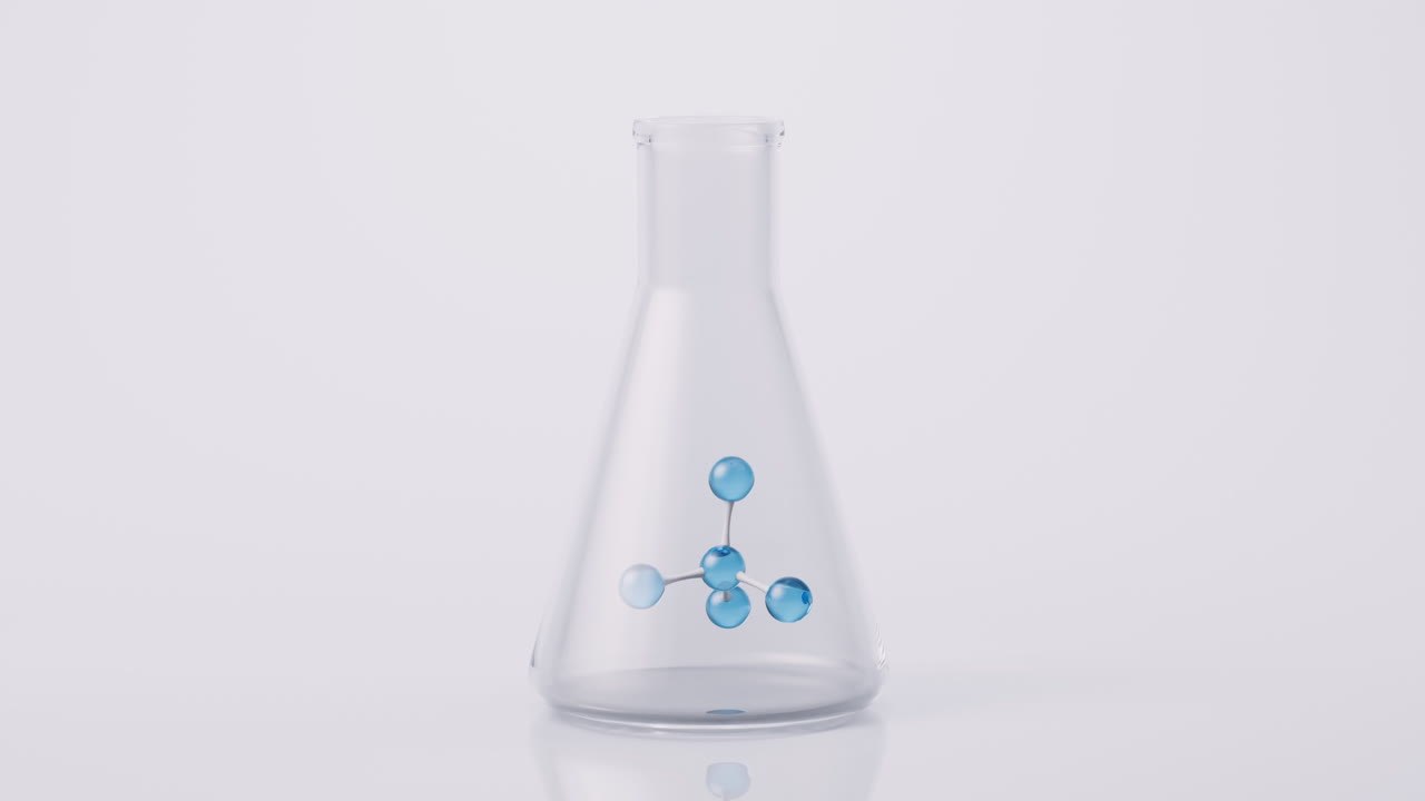 Chemical glassware and molecule, 3d rendering.