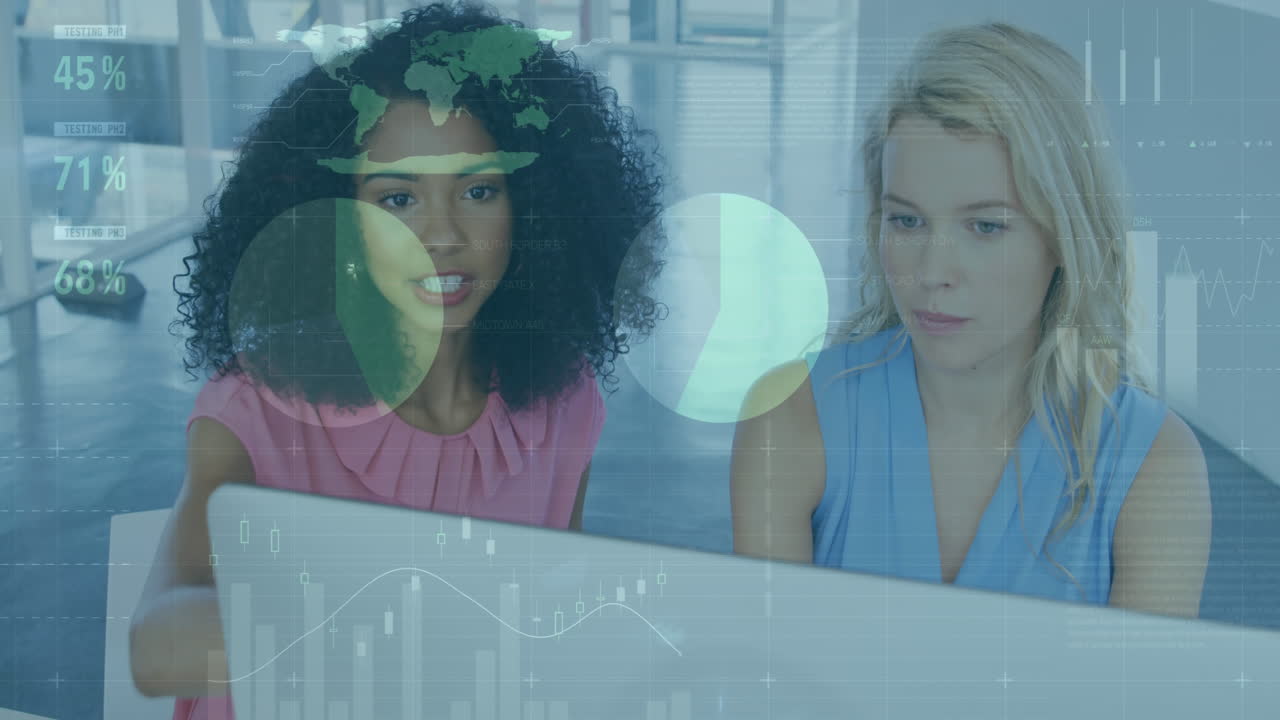 Animation of statistical data processing over two diverse women discussing over a computer at office