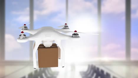 animación de un avión no tripulado que lleva un paquete volando sobre un aeropuerto fuera de foco