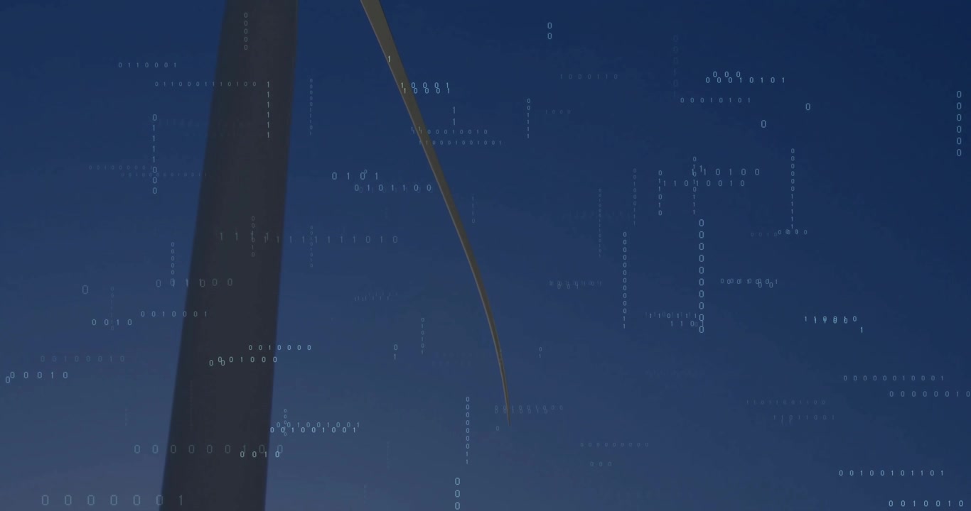 Wind turbine blade rotating clockwise under wind force while binary digits drifting across sky