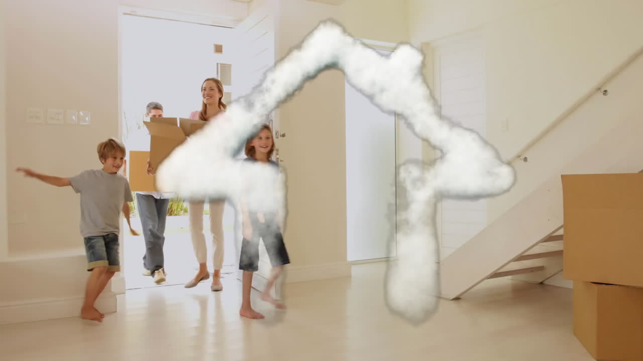Cloud house animation with a Caucasian family moving into a new home.