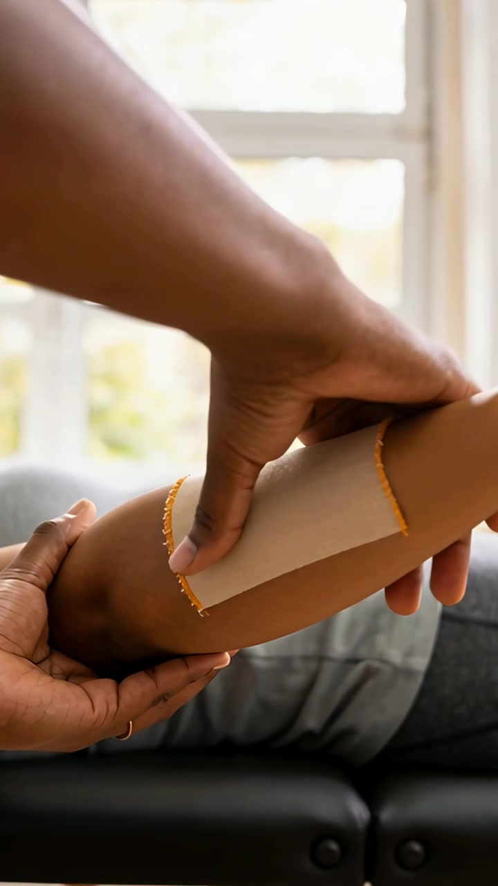 Video verticale: Posizionamento di toppa beige con bordo arancione, assistente che accarezza l'avambraccio su panca vicino alla finestra