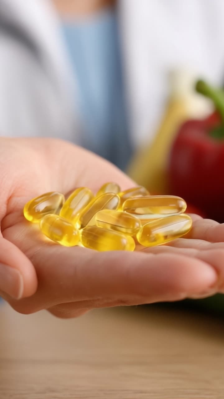 Mano che tiene degli integratori alimentari: primo piano di capsule di gelatina gialle circondate da prodotti freschi, per evidenziare salute e nutrizione