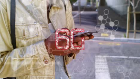 Animation-of-data-processing-and-6g-text-over-african-american-woman-using-smartphone