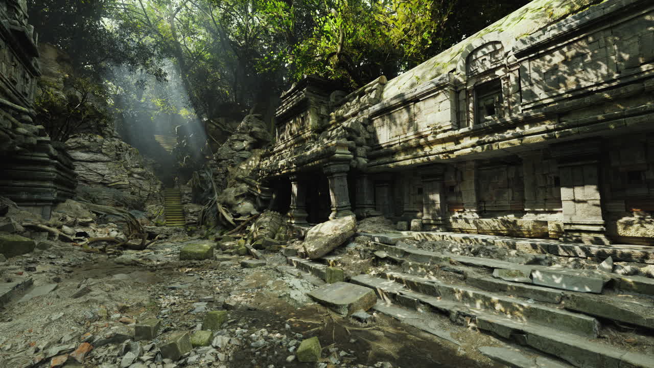Antiche rovine di templi in Cambogia circondate da una vegetazione lussureggiante e luce soffusa.
