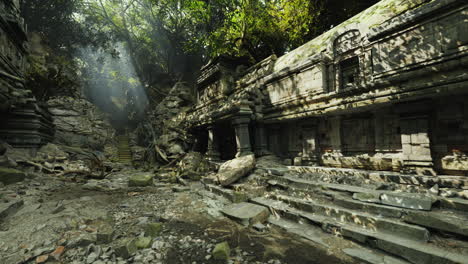ancient temple ruins in cambodia surrounded by lush greenery and soft light