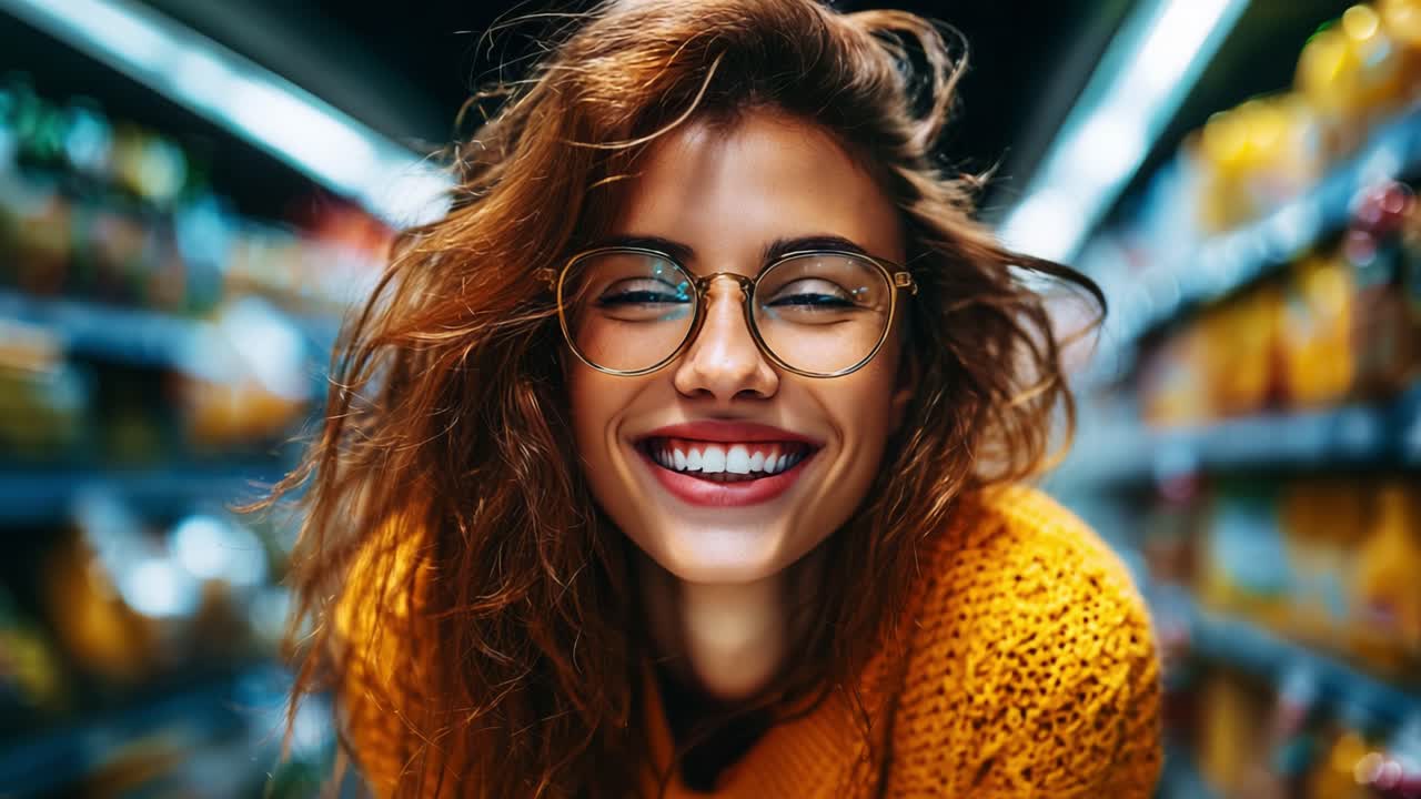 A joyful moment captured in bright colors, highlighting a young woman's vibrant smile and lively expression while she enjoys a playful interaction in a bright, inviting store environment