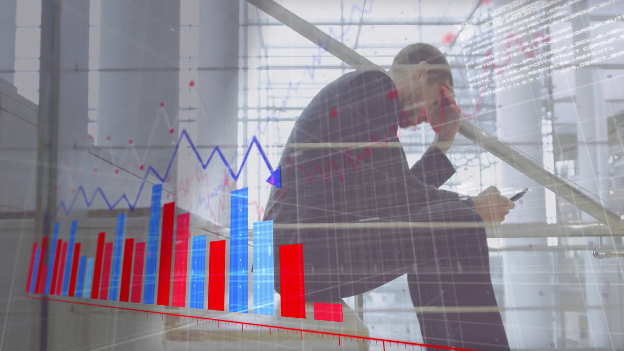 스마트폰을 사용하는 백인 남성에 대한 빨간색과 파란색 다이어그램의 애니메이션