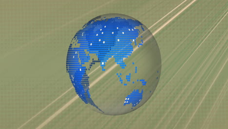 rotating digital globe animation over aerial view of agricultural fields