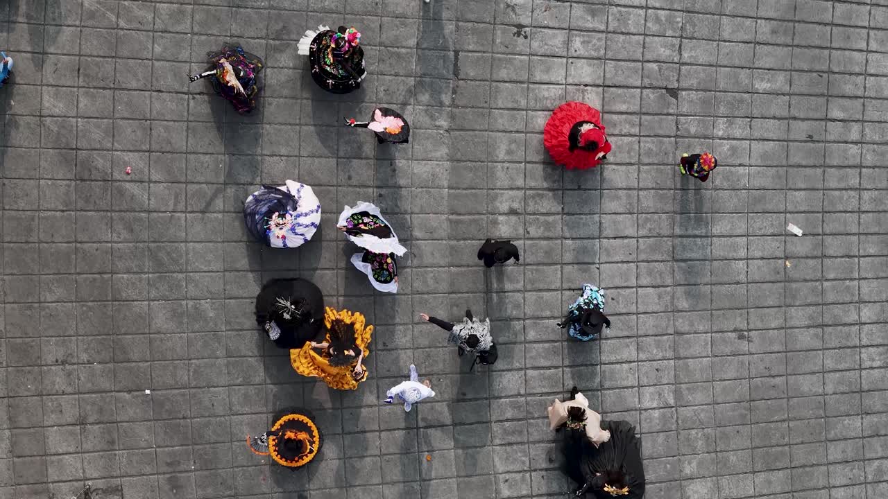 Aerial View of a Colorful Mexican Folk Dance Parade