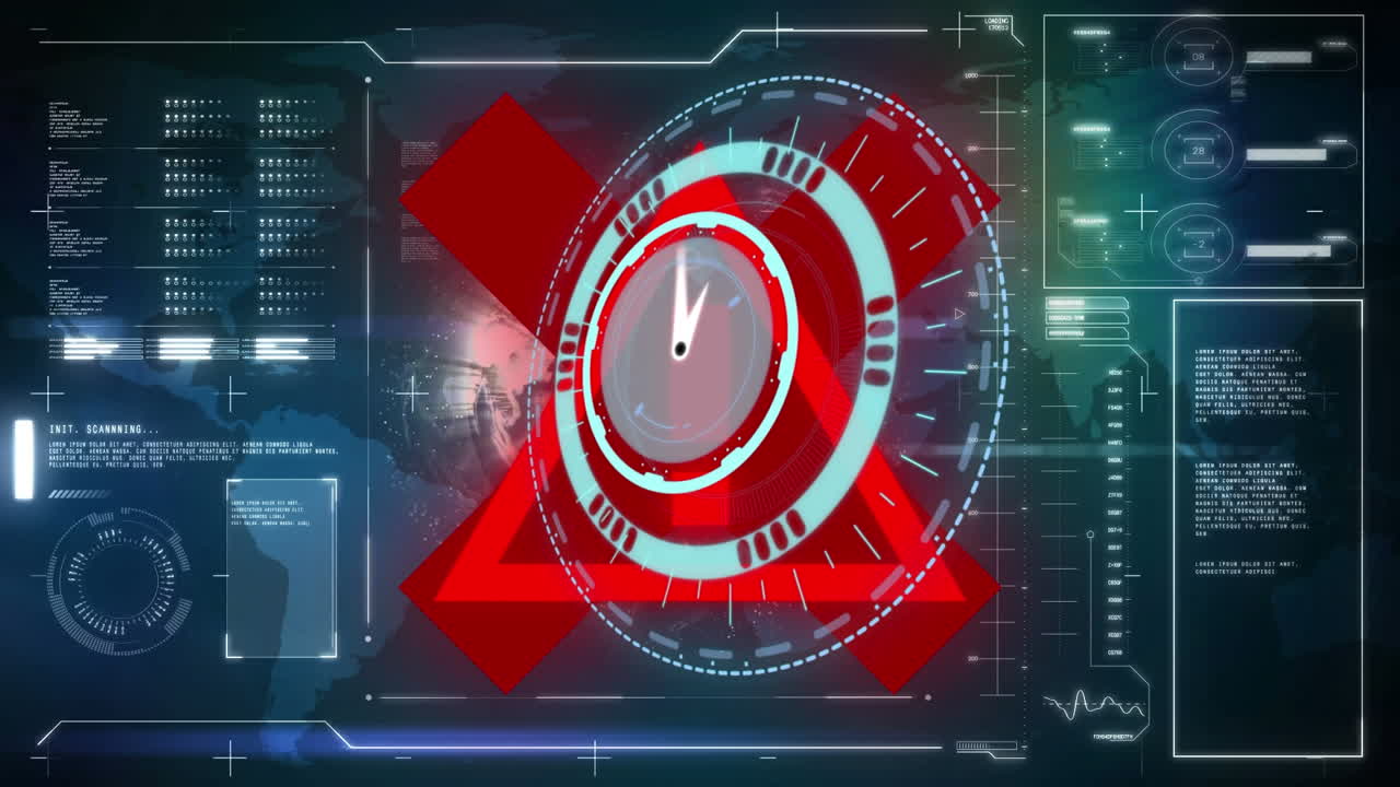 animación de relojes y señales de advertencia sobre el globo y procesamiento de datos.