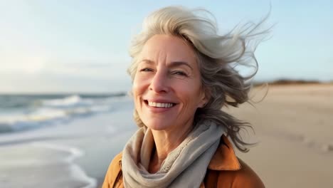 a woman with long hair and a scarf is smiling on a beach