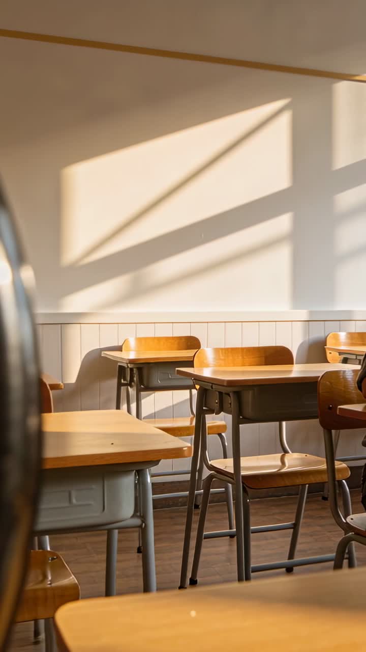 Analog clock ticking while camera pulling back from closeup to reveal classroom desks for education