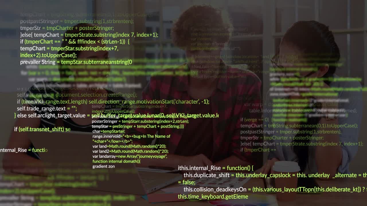 Design team tapping trackpad, pointing swatches, scrolling code overlay, merging design code