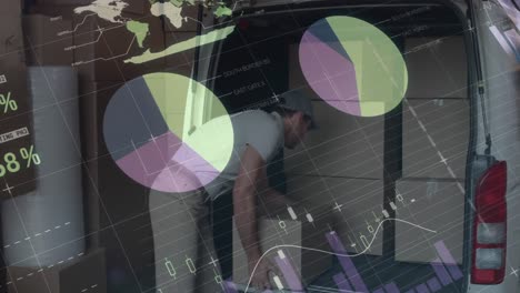 Procesamiento-De-Datos-Estadísticos-Contra-El-Repartidor-Caucásico-Apilando-Cajas-En-Su-Furgoneta-De-Reparto