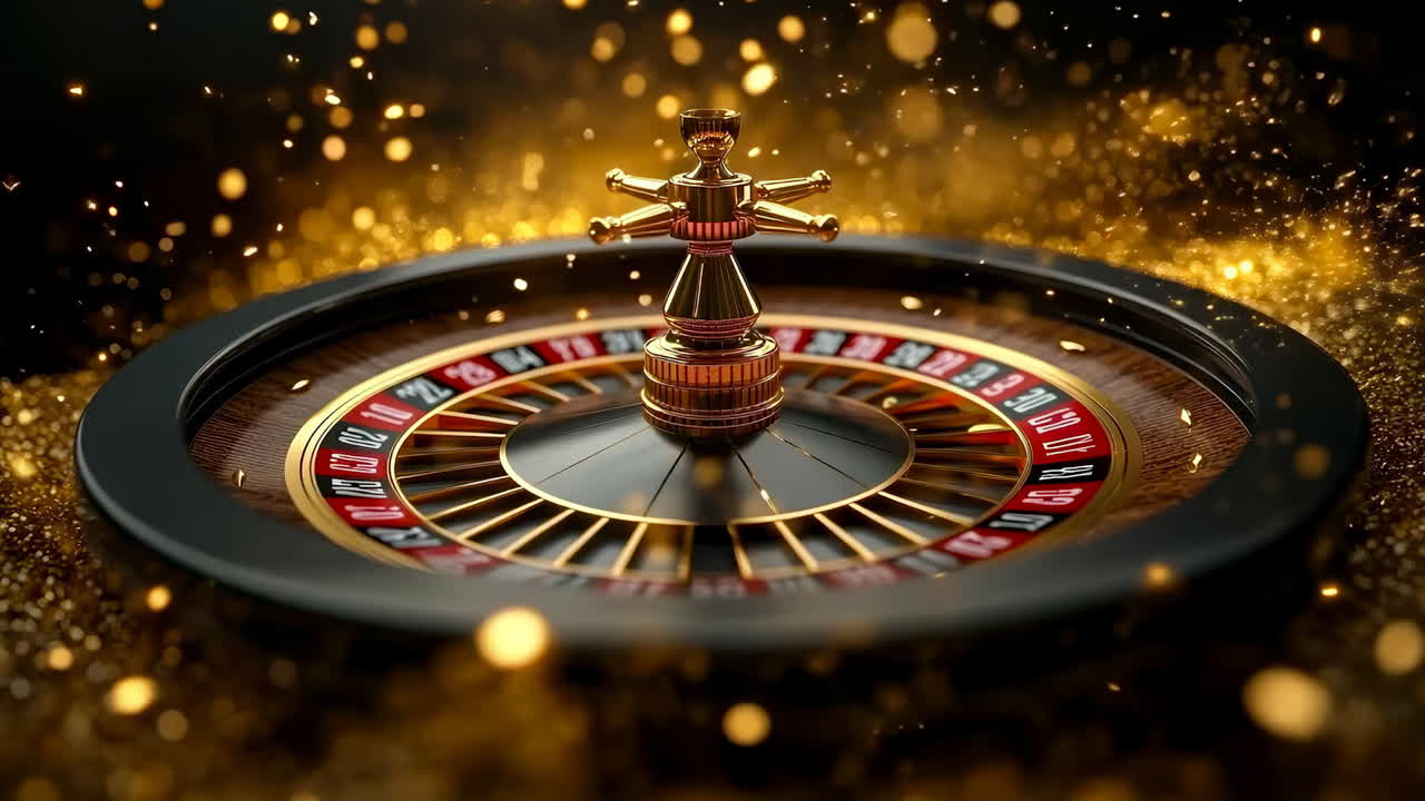 Gold-lit roulette wheel!. A roulette wheel spins, surrounded by golden lights and sparkles, creating an atmosphere of thrill and anticipation