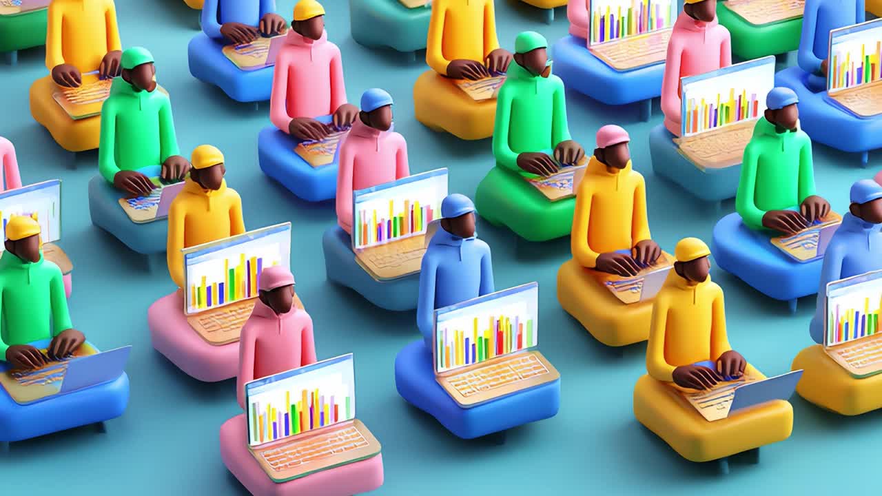 A vibrant digital workspace filled with diverse individuals engaged in data analysis on laptops, exemplifying modern collaboration in a tech-driven environment