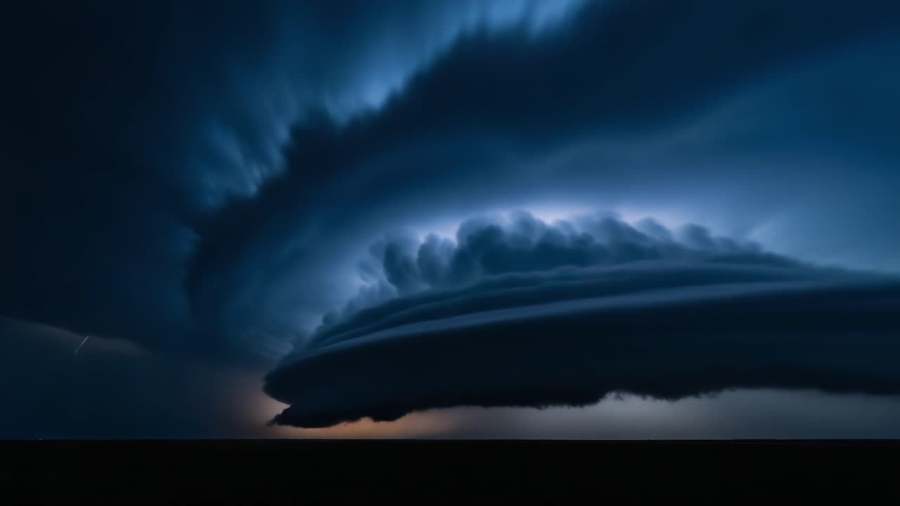 A Spectacular Double-Faceted View of an Approaching Thunderstorm with Dramatic Lightning Strikes and Mesmerizing Cloud Formation at Dusk